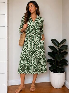 Zara 100% Cotton Green Geometric Print Tiered Midi Shirt Dress XL